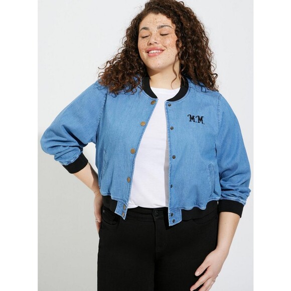 NWT Torrid 5X Disney Americana Mickey Mouse Denim Chambray Cropped Bomber Jacket - Picture 3 of 8